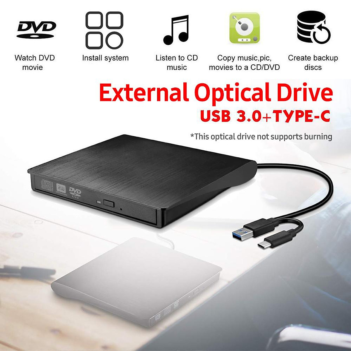 Ổ ĐĨA DVD RW CẮM NGOÀI CHO LATOP DESTOP OS ĐỜI MỚI  usb 3.0 và cổng Type C -Hàng Chính Hãng