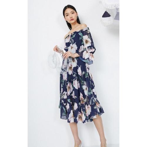 Đầm Nữ Trễ Vai Xếp Li In Hình Cổ Điển Siêu xinh