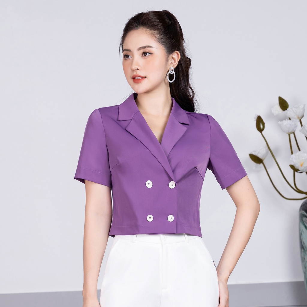 Áo sơ mi nữ cổ vest 4 cúc croptop ngắn tay thời trang thiết kế UK Fashion vải Hàn không nhăn màu tím, vàng NKSM2206009