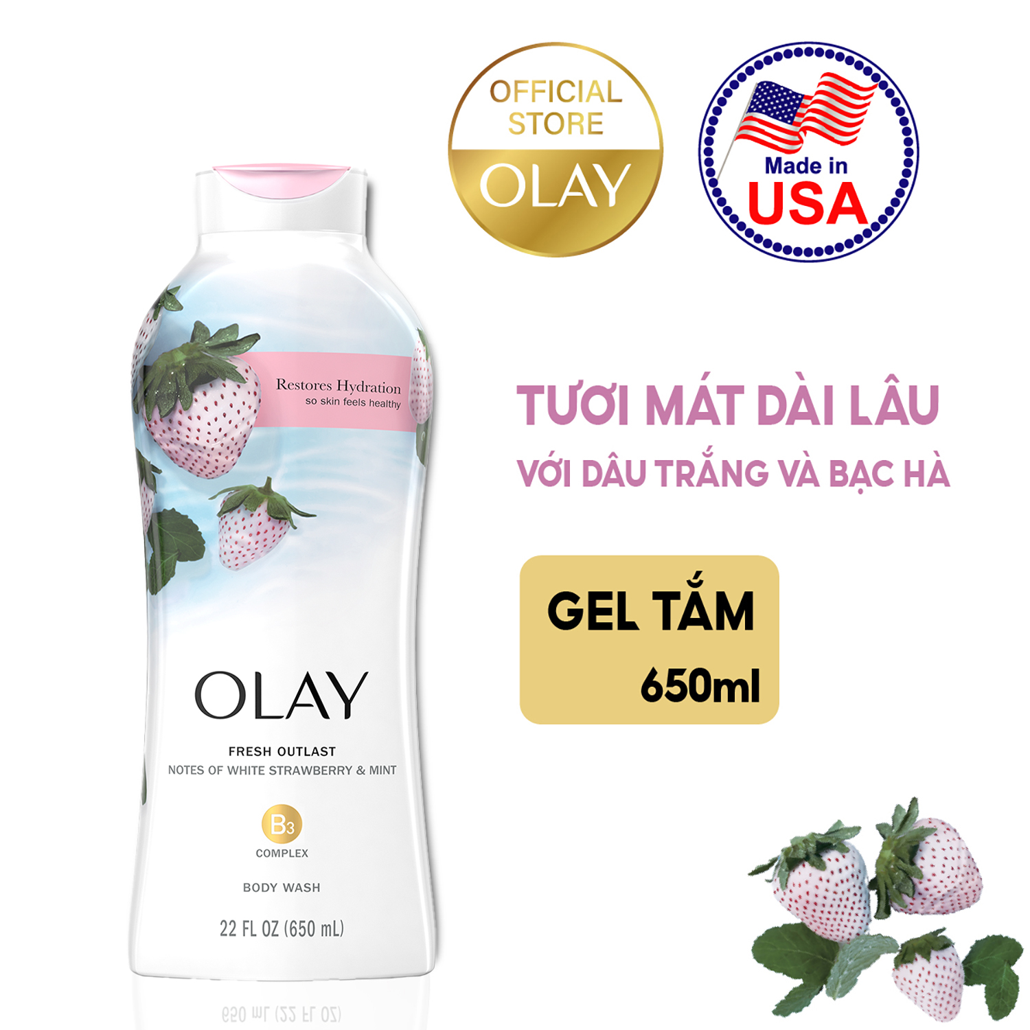 Sữa tắm OLAY Fresh Outlast Cooling White Strawberry and Mint (650ml)