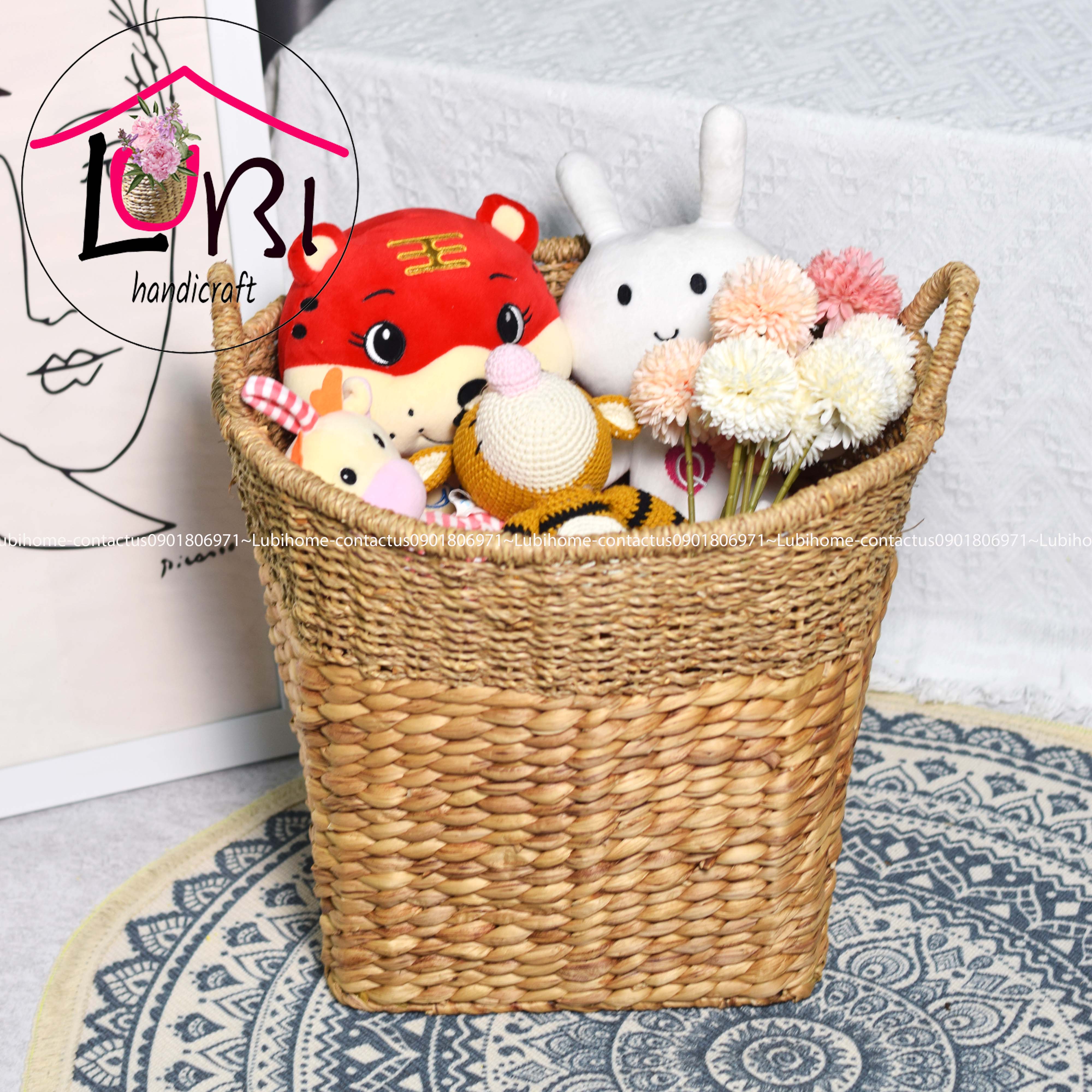 Lubihandicraft - Sọt đựng đồ lục bình kêt hợp cói miệng tròn đáy vuông - xinh xắn