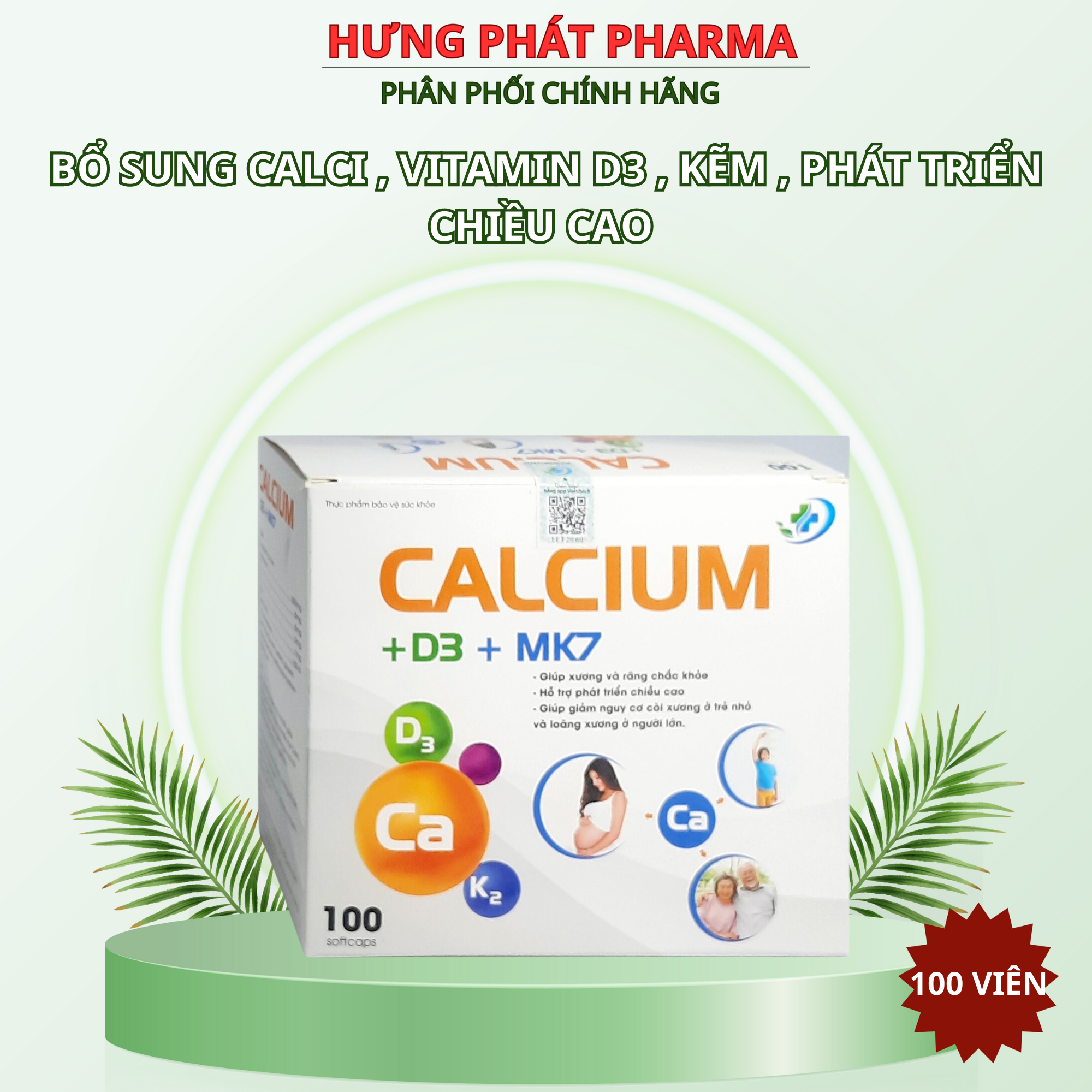 Viên uống calcium D3 MK7 Vinaphar – Hộp 100 viên