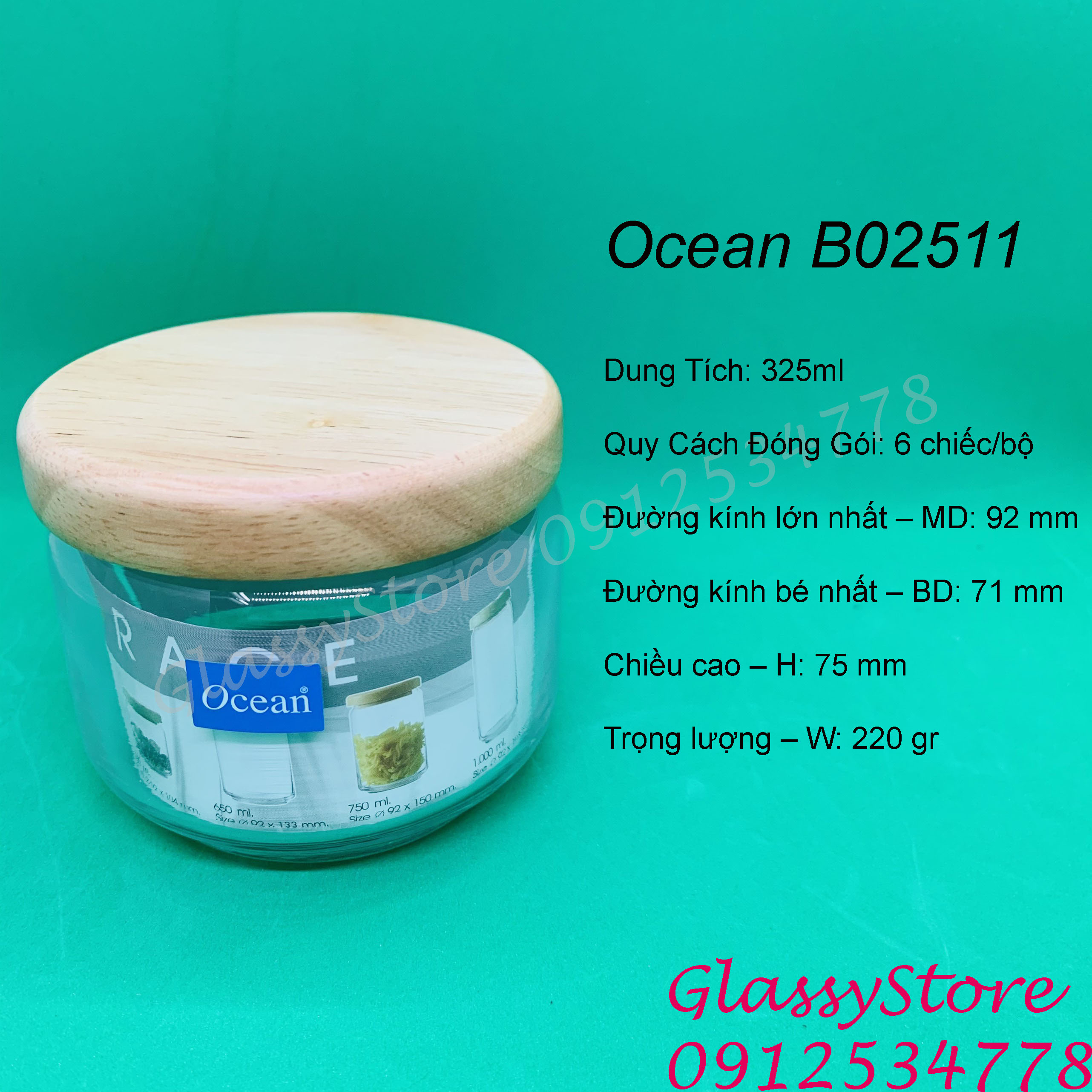 Lọ (hũ) Thủy Tinh Ocean nắp gỗ đựng thực phẩm, gia vị, hạt , ngũ cốc (1 cái)