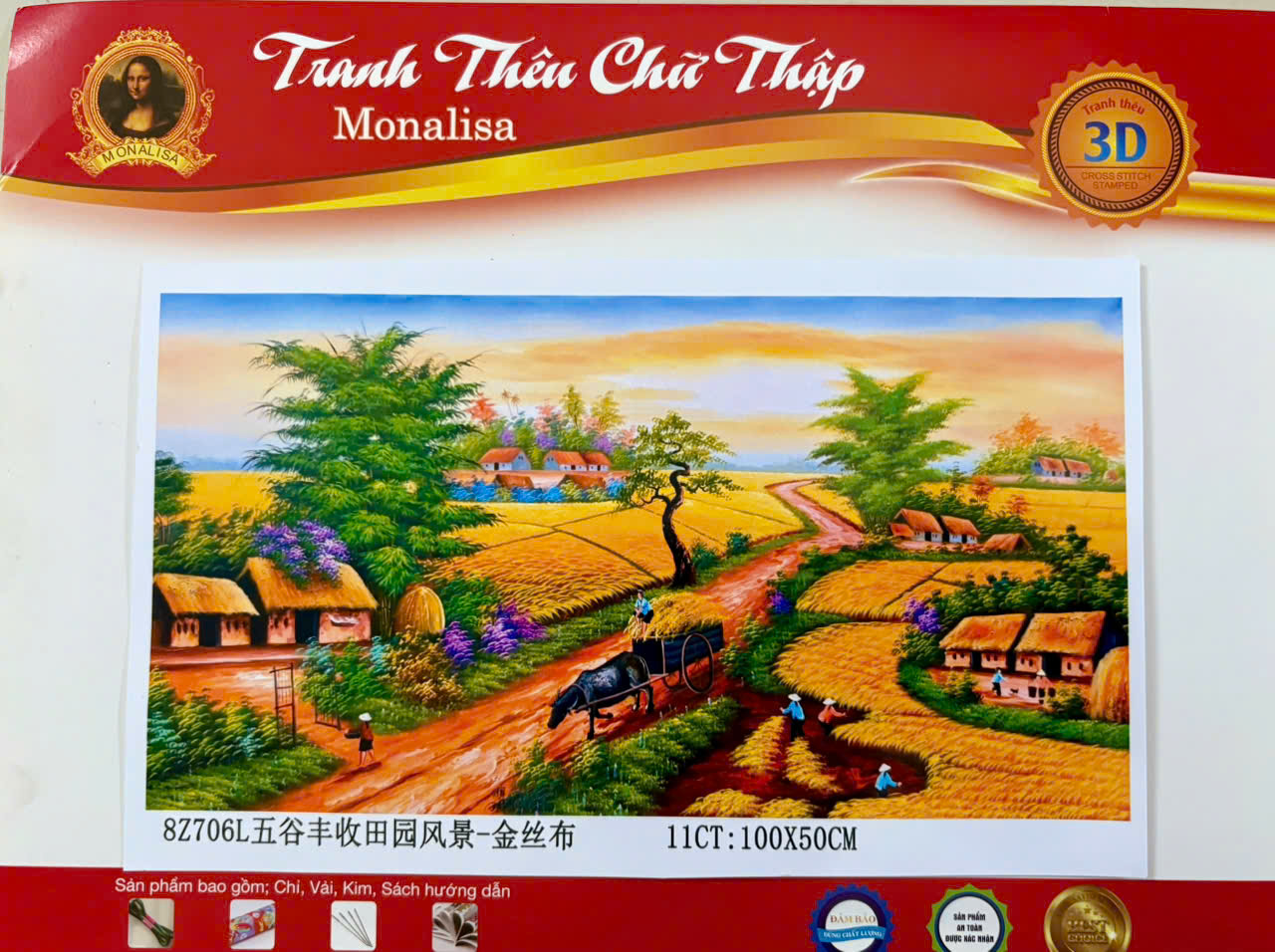 Tranh thêu chữ thập Quê hương mùa lúa chín 8Z706L, kích thước 100 x 50 cm, thêu kín