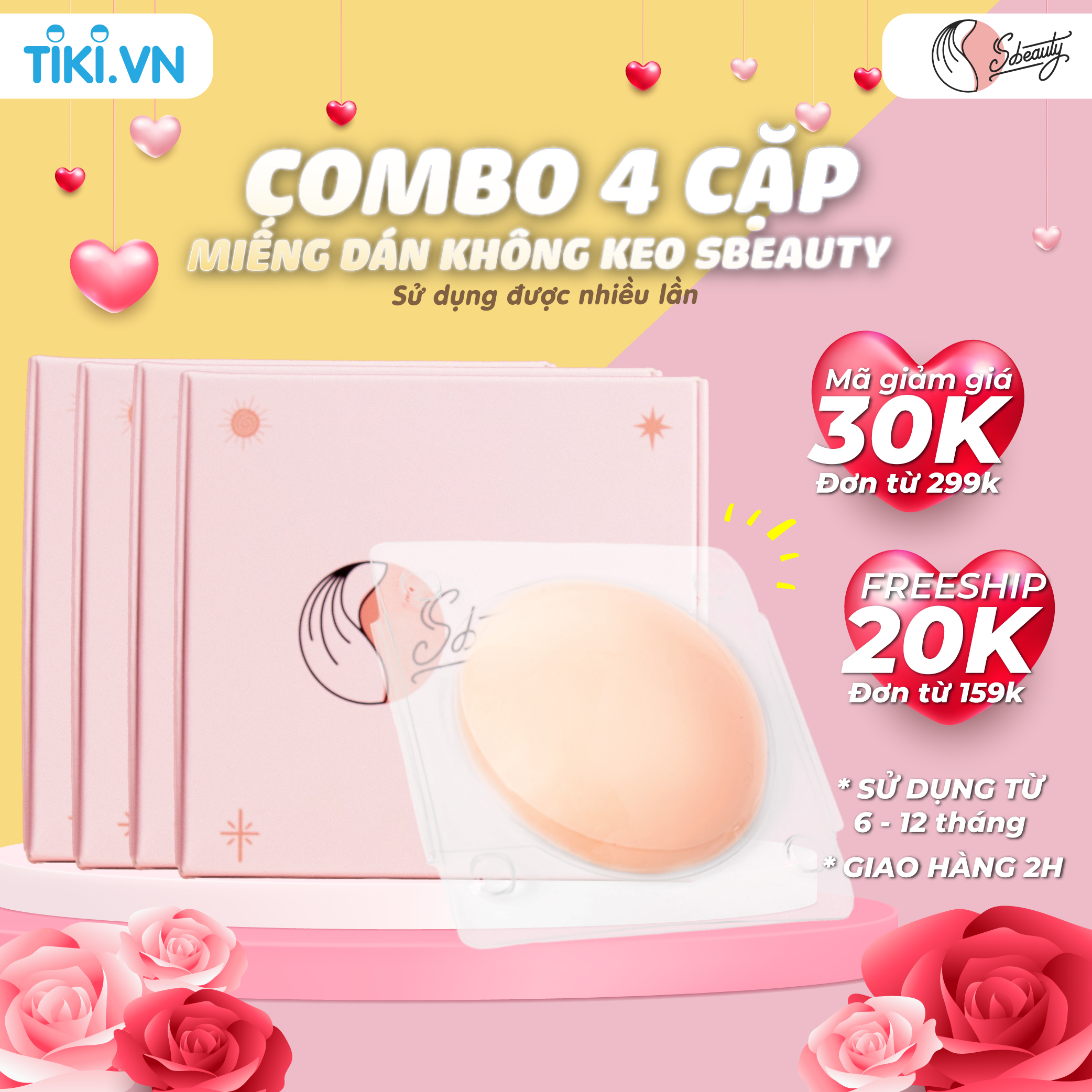 Combo 4 Cặp Miếng Dán Ngực Silicon Nhiệt Tự Thân SBeauty, Dán Ngực Từ Tính Không Keo Thoáng Mát Nhẹ Như Da Thật