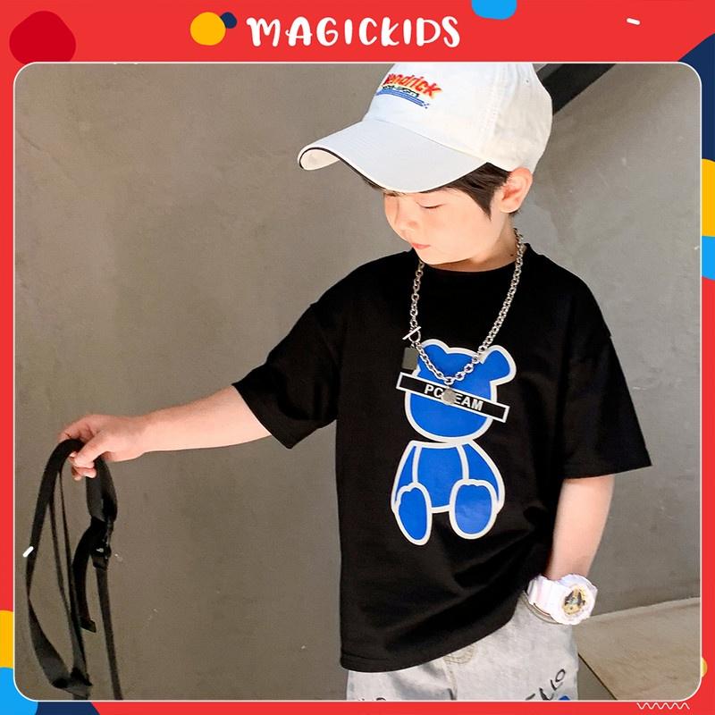 Áo thun cotton ngắn tay cho bé trai size đại 12-34kg in hình gấu dễ thương Magickids Quần áo bé trai thoáng mát AO22007