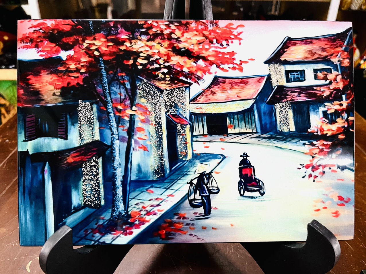 Tranh sơn mài phố cổ vẽ màu cẩn trứng đẹp Thanh Bình Lê size 20x30 cm
