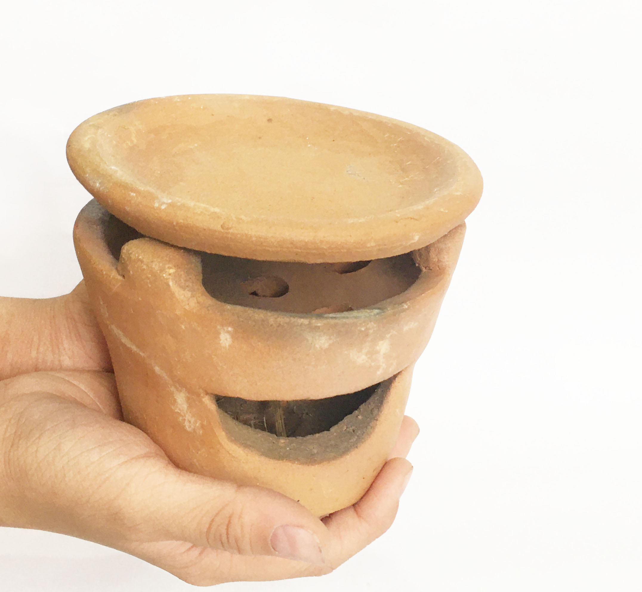 Bộ Bếp xông thảo mộc nhỏ bằng gốm đất nung thủ công Bàu Trúc có kèm dĩa  - Bếp đất nung Chăm vintage đa năng