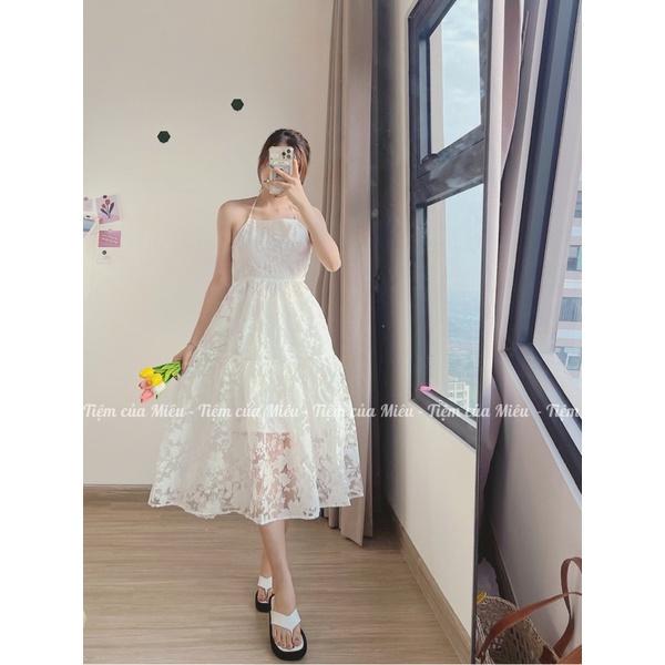 Váy maxi cổ yếm hở lưng vải voan kính hoa đi biển cực xinh tiệm của miêu