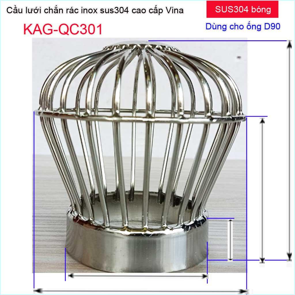 Cầu chắn rác sân thượng KAG-QC301 (ống D90), Cầu chặn rác Inox 304 đế thấp thả ống D90, cầu lưới lọc rác thoát nước mưa