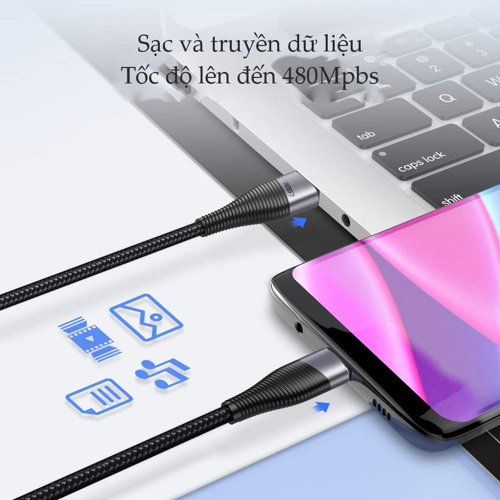 Dây cáp sạc và truyền dữ liệu, dài 0.5-2m UGREEN ED022 cổng USB type C, hỗ trợ sạc nhanh dòng 3A, vỏ bện nylon - Hàng nhập khẩu chính hãng