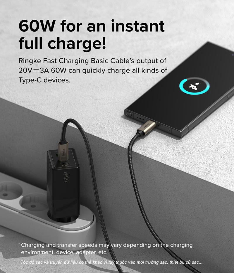 Cáp sạc nhanh cho điện thoại/laptop/tablet RINGKE Fast Charging Basic Cable C-to-C - Hàng Chính Hãng