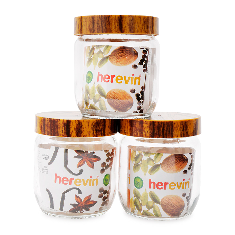 Hũ Thuỷ Tinh Herevin Tròn Trơn Nắp Woody 425ml