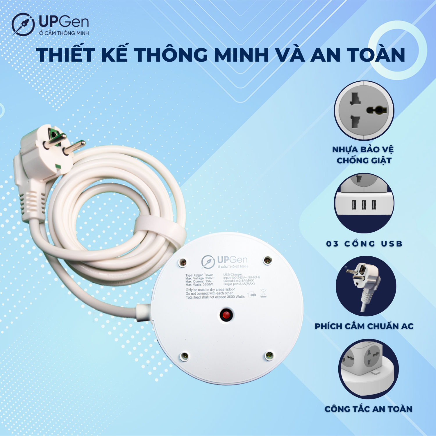 Ổ Cắm Điện Đa Năng UPGEN TOWER Dạng Tháp Nhiều Tầng Chịu Tải Lớn, 3 cổng USB Sạc Nhanh, An Toàn Chống Cháy, Chống Giật, Dây Dài 3m, BH 12 tháng