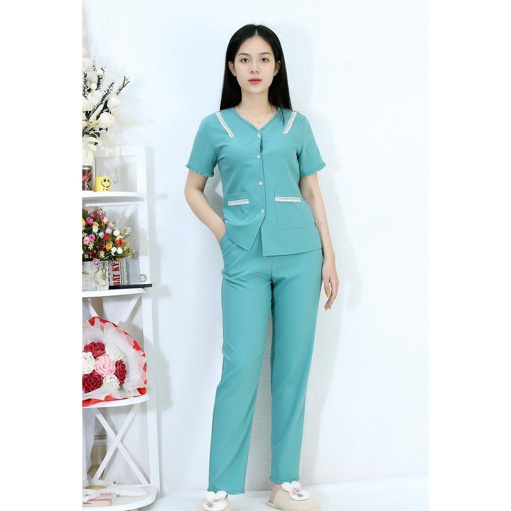 Bộ đồ bộ màu XANH PHA REN tay ngắn quần dài vải siêu lụa - Thoải Mái Nhẹ Nhàng