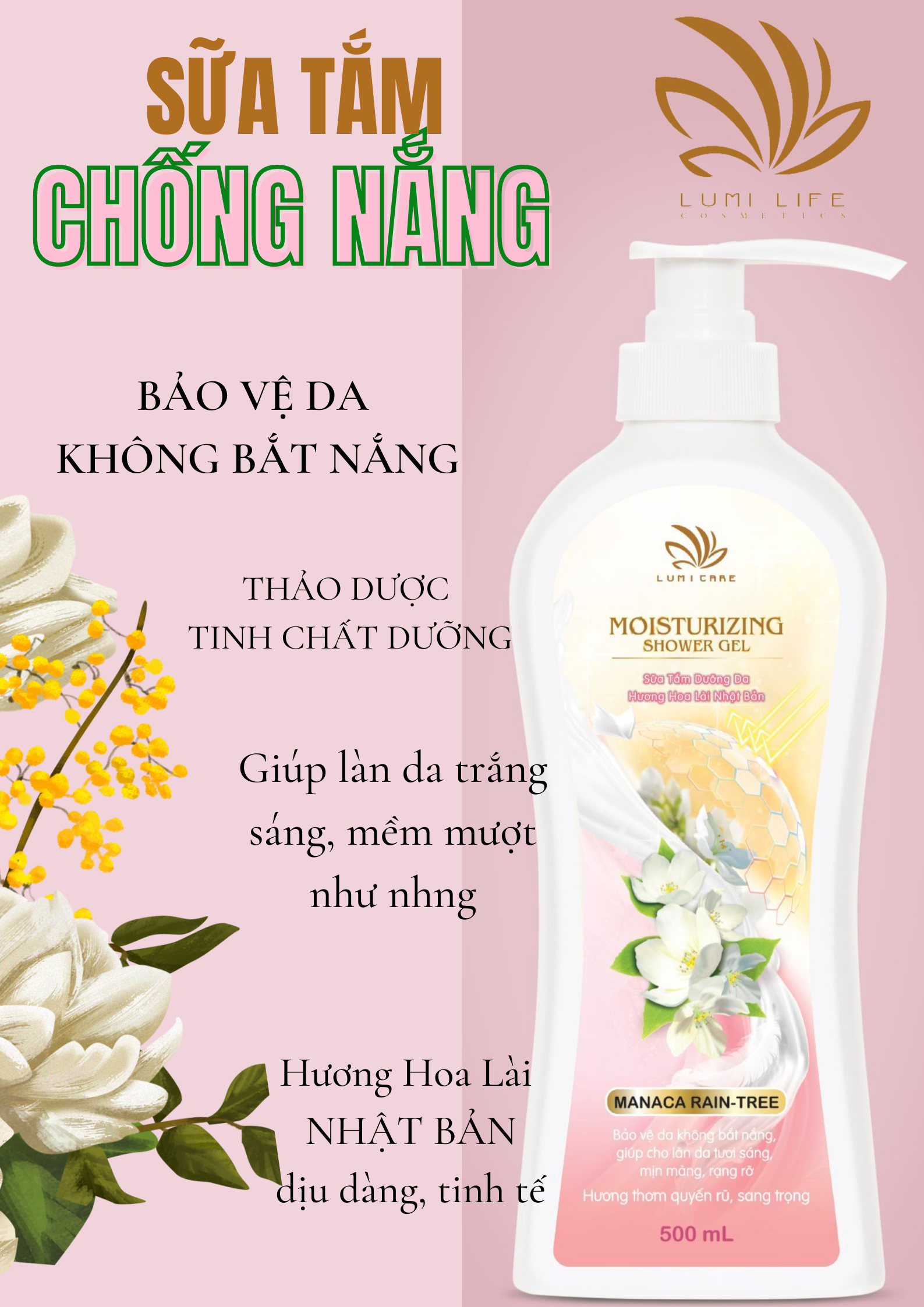 Sữa Tắm Dưỡng Thể Hương Hoa Lài Nhật Bản Moisturizing Shower Gel Thiên Nhiên Giảm Bắt Nắng An Toàn Dịu Mát Cho Da