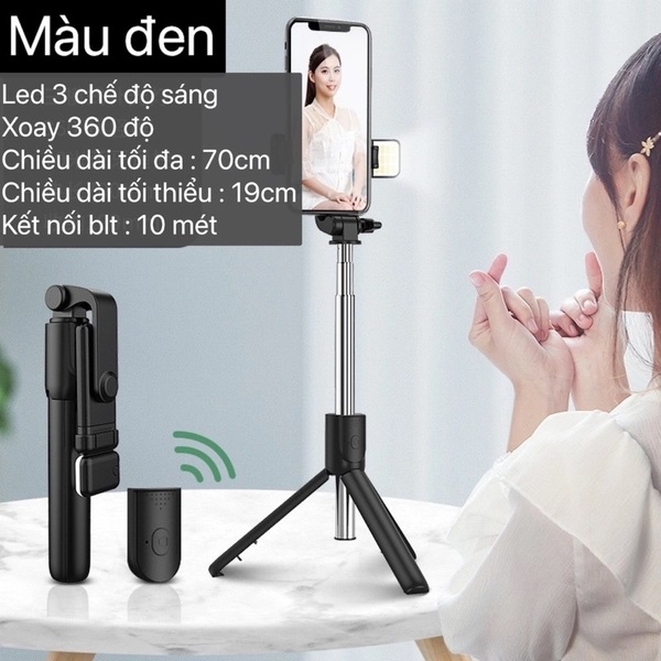 Gậy Tripod 3 Chân Selfie Stick R1S Tích Hợp Đèn Trợ Sáng Chụp Hình kèm dây sạc ( Kết Nối Bằng Bluetooth )