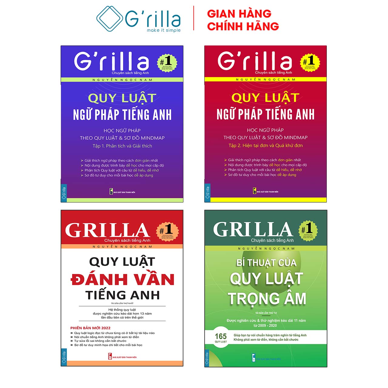 Sách - Combo 4 Quy luật đánh vần tiếng Anh, Bí thuật trọng âm và Ngữ pháp theo quy luật 1 &amp; 2 GRILLA