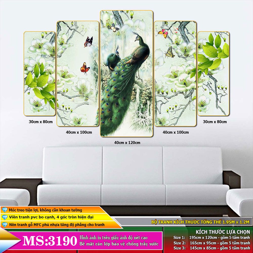 Tranh treo tường 5 tấm trang trí phòng khách, phòng ngủ, phòng ăn Chim công khổng tước: 3190L5