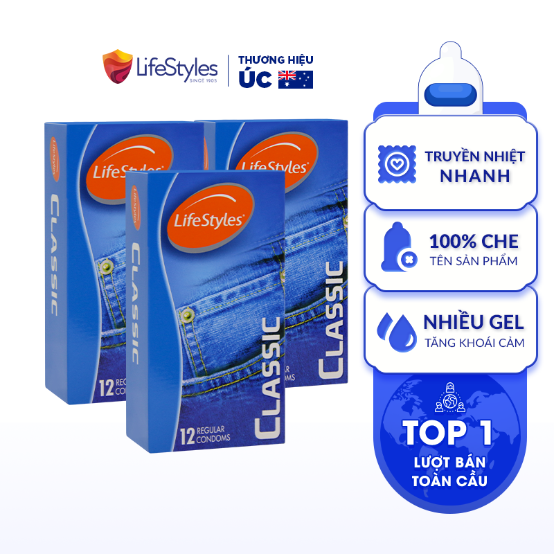 Bộ 3 hộp Bao Cao Su LifeStyles Classic Thiết Kế Mỏng Ôm Sát Cao Cấp - Hộp 12 bao