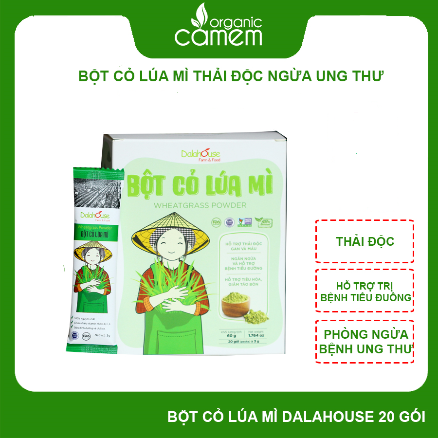 Bột cỏ lúa mì hữu cơ sấy lạnh Dalahouse - Hộp 20 gói 3gr tiện lợi - Hỗ trợ thải độc Gan và Máu, Ngăn ngừa và hỗ trợ tiểu đường, Hỗ trợ tiêu hóa, giảm táo bón