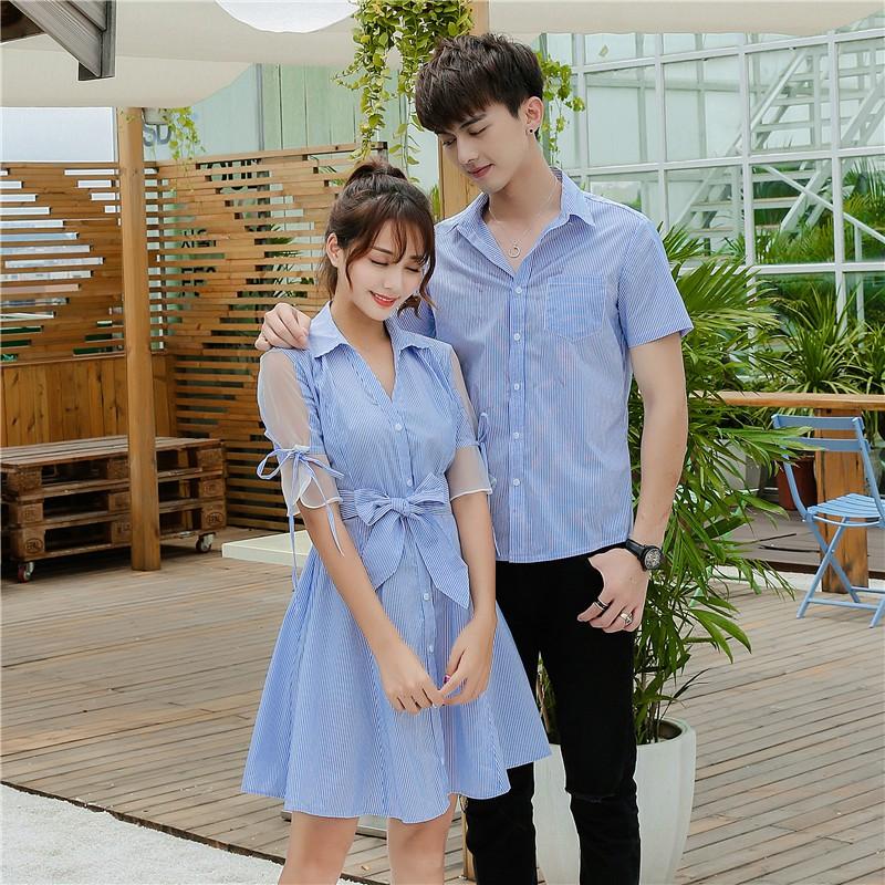 Áo đôi áo cặp áo đôi váy sơ mi nam nữ chụp cưới đi biển màu xanh - AV14