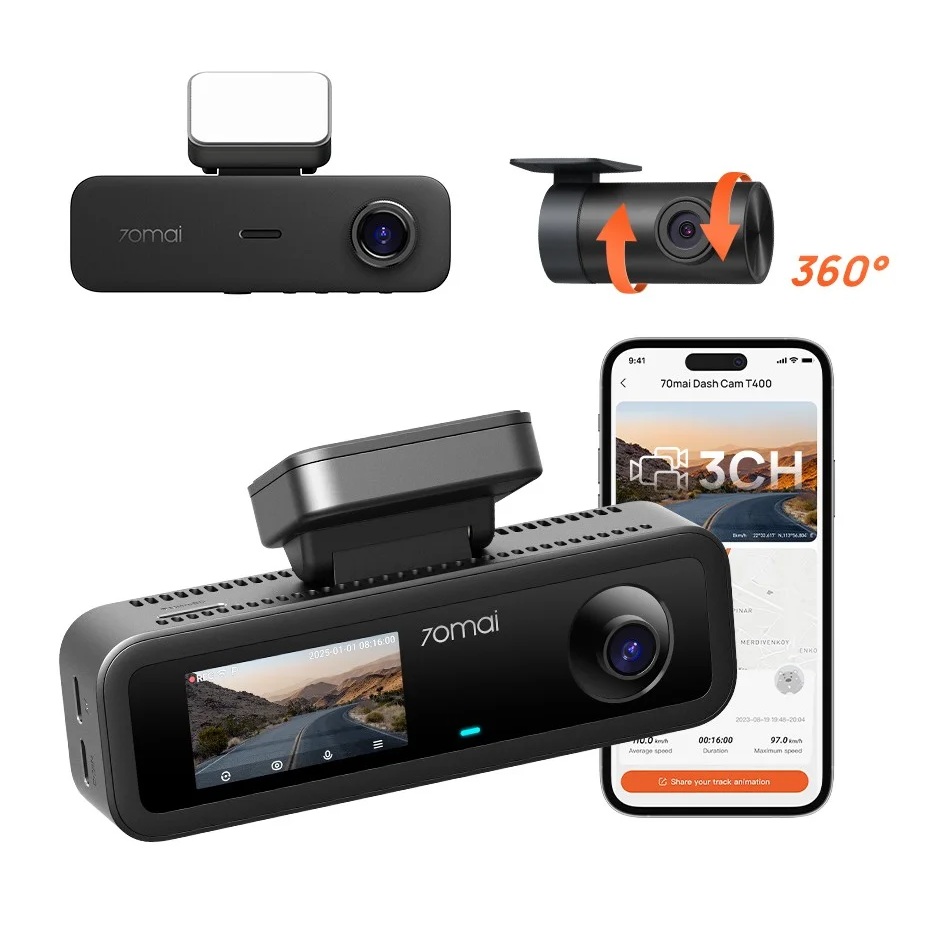 Camera hành trình ô tô 70mai T400 ghi hình 3 mắt (Trước - Trong - Sau) có tích hợp GPS, giám sát toàn diện cho xe dịch vụ, xe gia đình - Hàng chính hãng