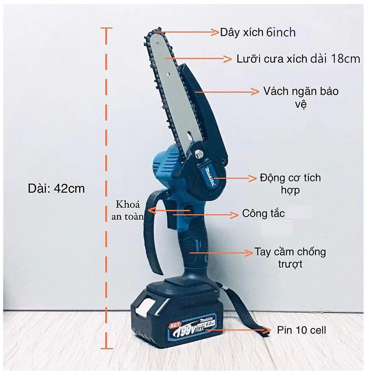 Máy cưa xích cầm tay, máy cưa gỗ mini dùng pin MKT 199V pin 10cell cắt gỗ tỉa cành