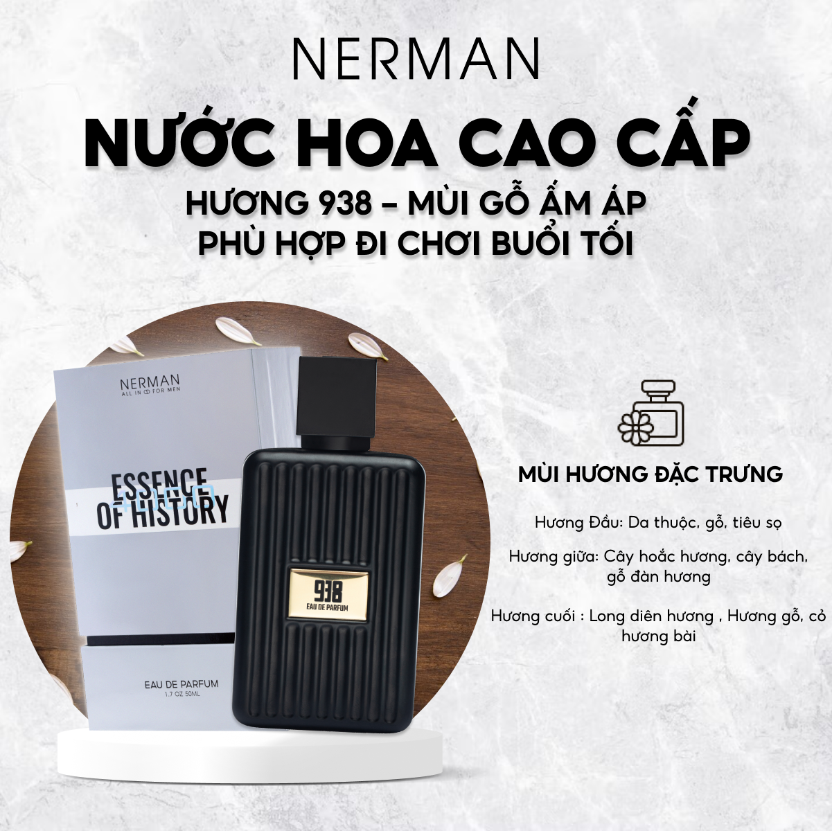 Nước hoa nam chính hãng Nerman – hương thơm nhẹ nhàng, tinh tế thu hút nữ giới, phù hợp đi hẹn hò, đi chơi, đi làm lưu hương tới 8h 10ml – 938 – Hương gỗ 50 ml