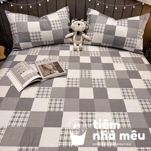 Bộ Chăn Ga Gối Cotton Livingm6/m8/2m-Tiệm Nhà MêuSet 4 Món 2 Vỏ gối ,drap , vỏ chăn Cotton 100% Caro Xám