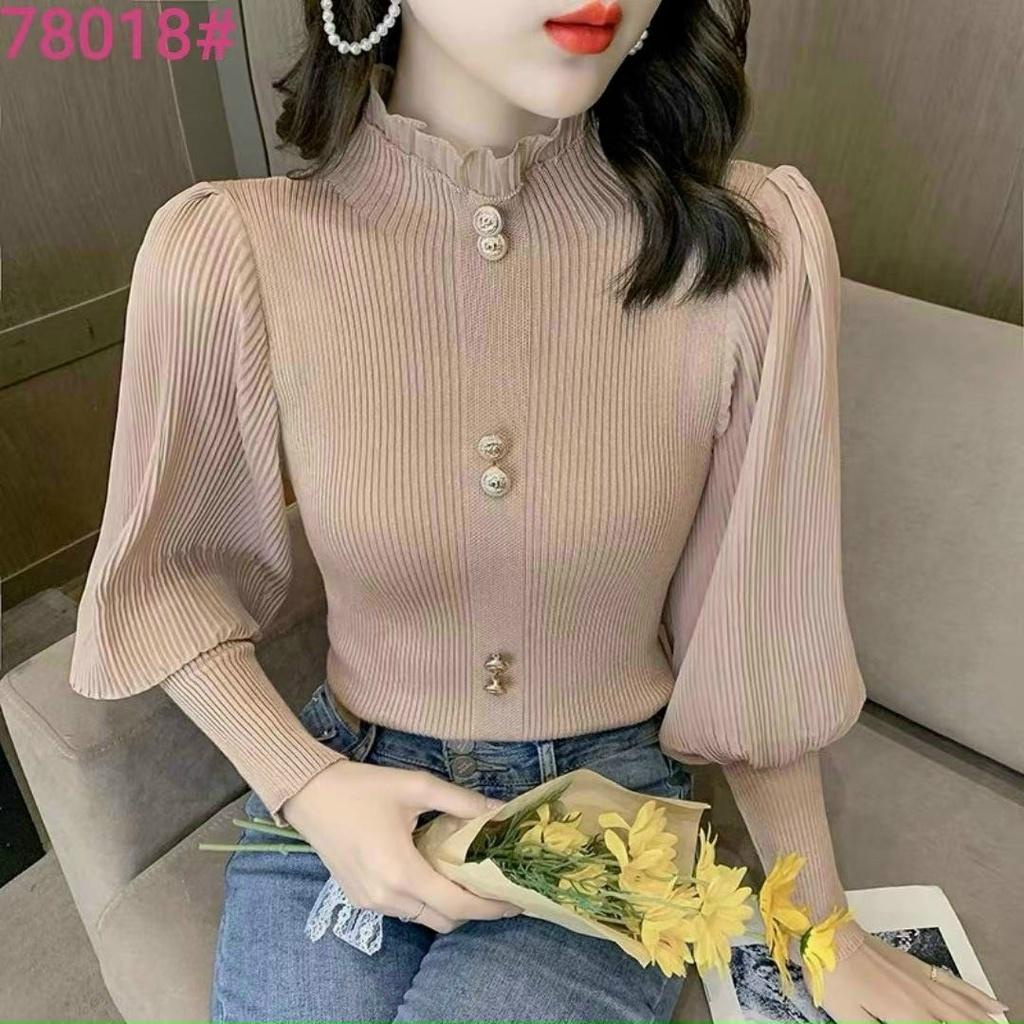 ÁO LEN NỮ CỔ LỌ TAY BỒNG chất liệu len tăm dày mịn phối vải von lụa dập li đẹp s252