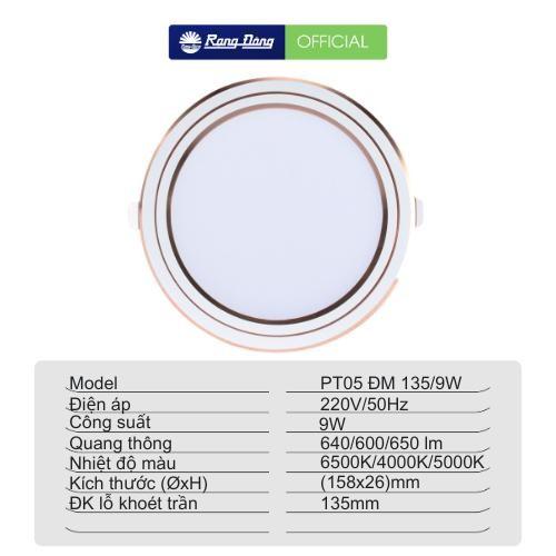 Đèn LED Panel Tròn đổi màu PT05 Rạng Đông, đường kính lỗ khoét trần 135mm - 9W