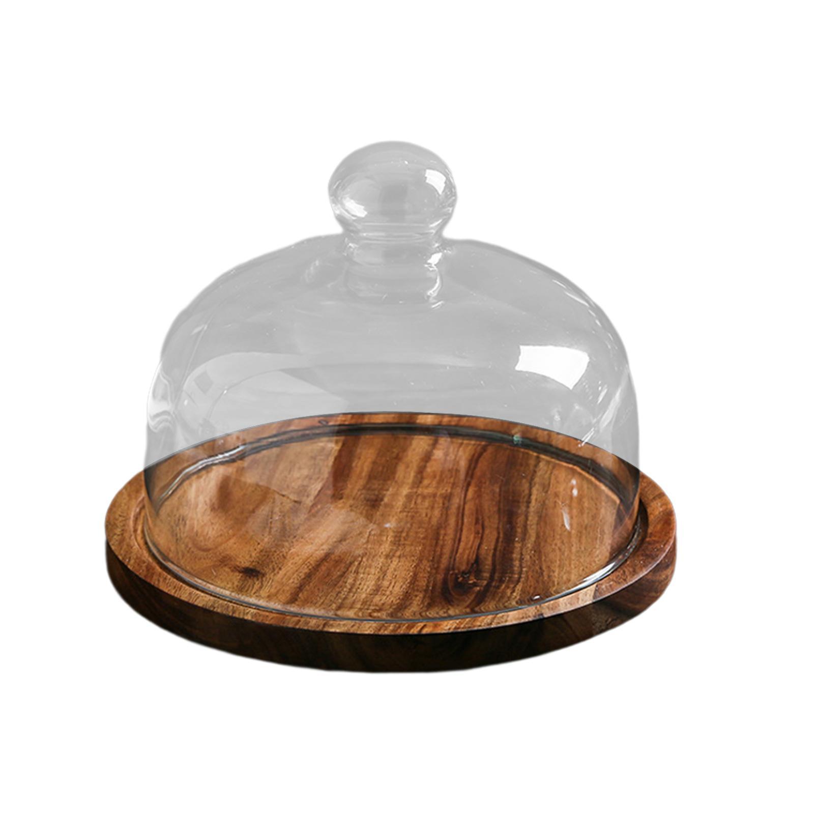 Glass Cover Serving Tray with Glass Cover Wooden Cake Stand for Kitchen