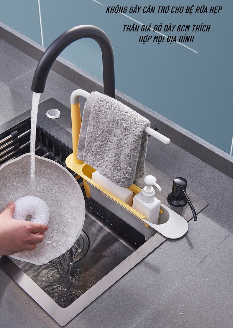 Kệ Để Đồ Rửa Chén 3 in1 Tiện Lợi ,Giá Treo Để Đồ Rửa Bát Gắn Bồn - Có Thanh Treo Khăn Tiện Dụng, Có Thể Kéo Dài Tiện Lợi