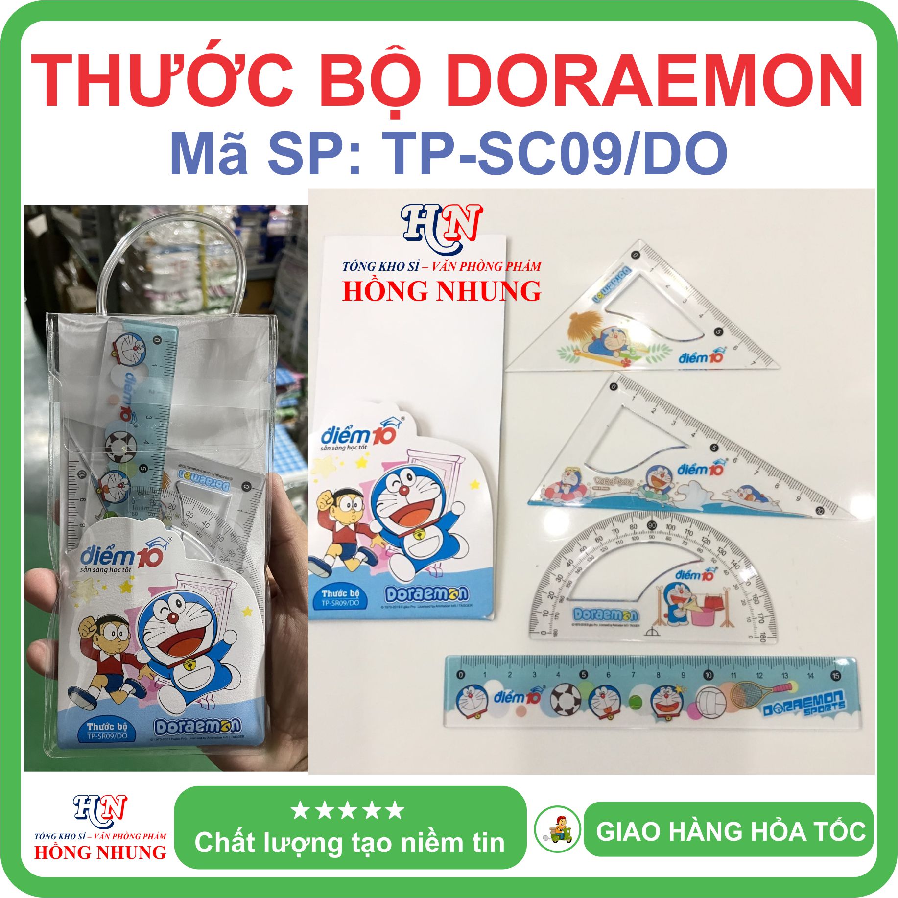 Thước bộ Doraemon TP-SR09/DO , phù hợp với học sinh để đo đường thẳng và đo góc.