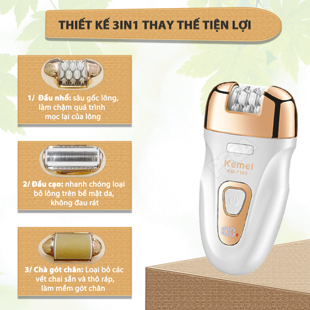 Máy tẩy lông đa năng 3in1 Kemei KM-7102 gồm 3 đầu thay thế chuyên dụng nhổ lông, cạo lông, chà gót chân sử dụng toàn thân - Chính hãng