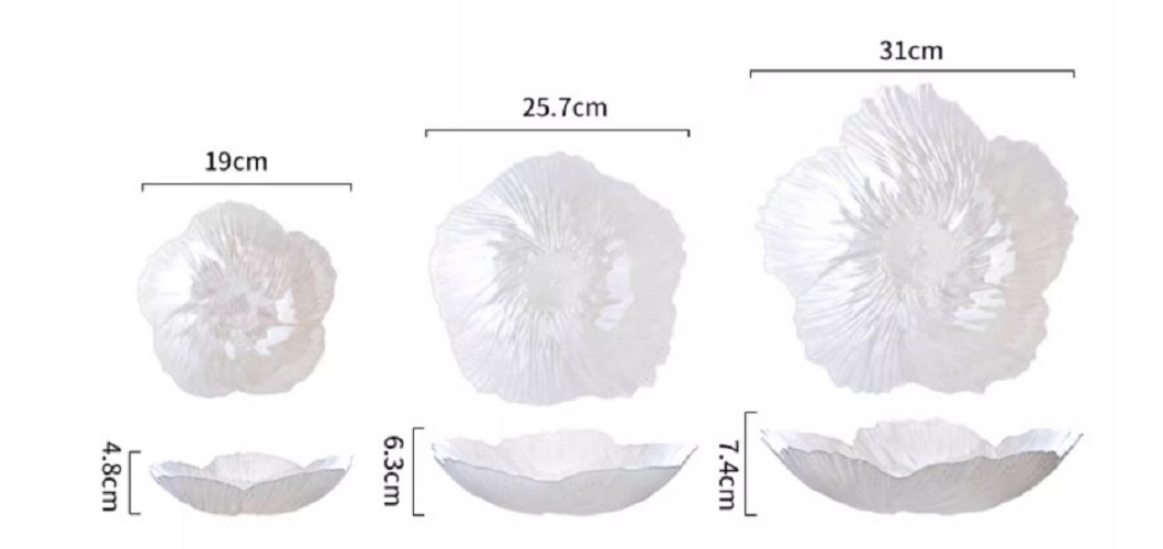 Bộ 3 đĩa thủy tinh pha lê đĩa trái cây phòng khách sang trọng cao cấp theo phong cách châu Âu- Đĩa màu trắng ngọc trai bàn caffe lớn, đồ ăn