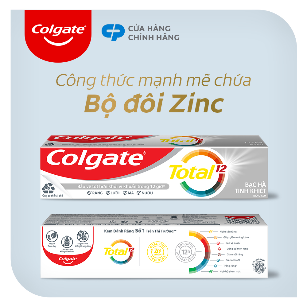 Bộ 3 Kem đánh răng Colgate diệt vi khuẩn Total Clean Mint hương bạc hà bảo vệ toàn diện 12h 170g/tuýp