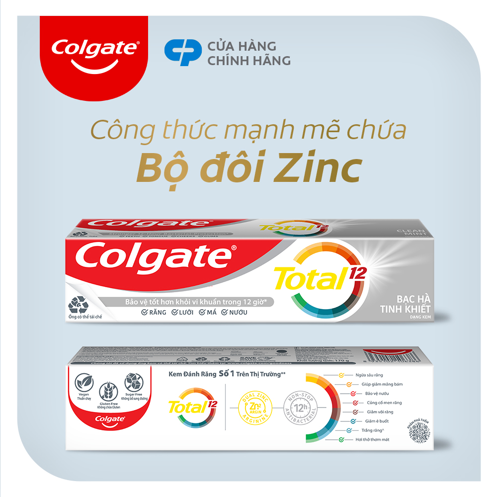 Kem đánh răng Colgate diệt vi khuẩn Total Clean Mint hương bạc hà bảo vệ toàn diện 12h 170g/tuýp