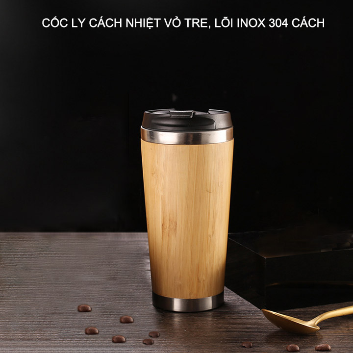 Cốc uống trà, cà phê vỏ tre 450ml, lõi inox 304, nắp bật