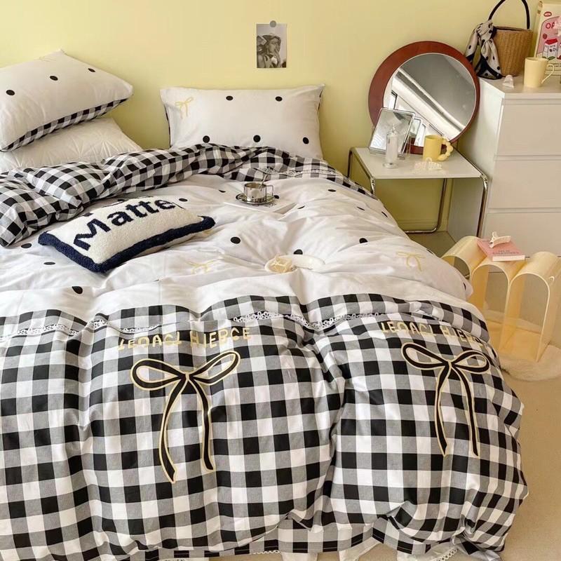 Set Chăn Ga Gối Cotton Living Dây Nơ 100% cottonHàng Nhập Khẩu Cao Cấp 4 Món Nơ Xinh Chấm Bi