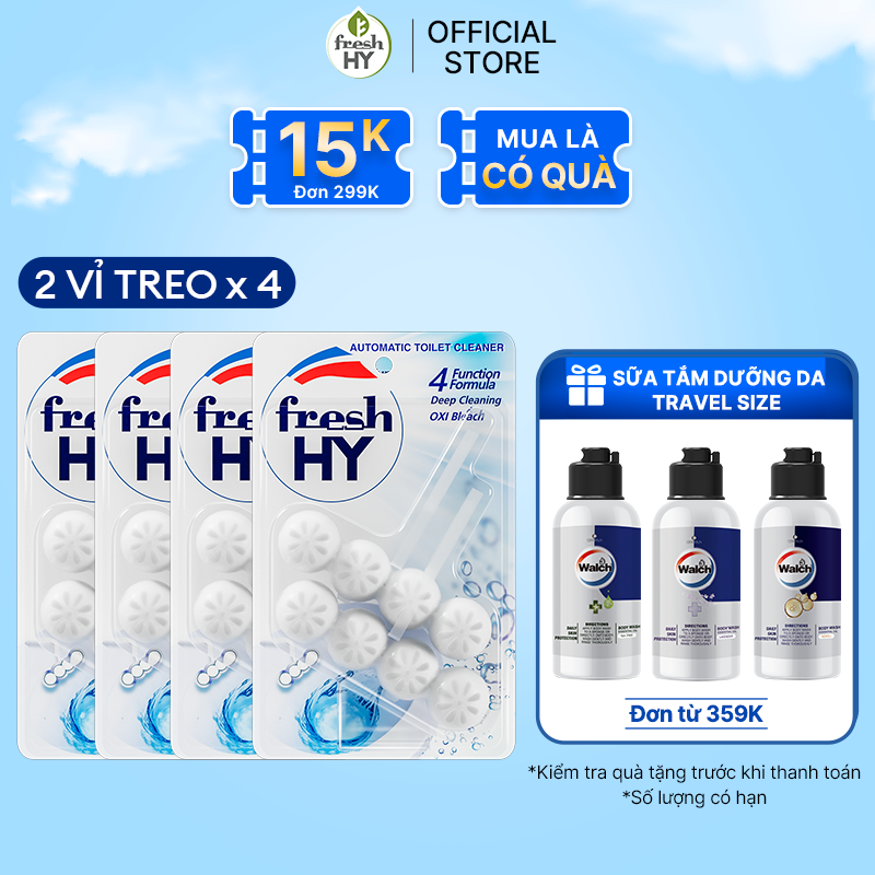 Combo 4 Viên Tẩy Bồn Cầu Fresh HY 350 Lần Xả, Làm Sạch Khuẩn & Ngăn Ngừa Mảng Bám, Khử Mùi Và Lưu Hương Thơm Mát (2 Vỉ Treo X4)