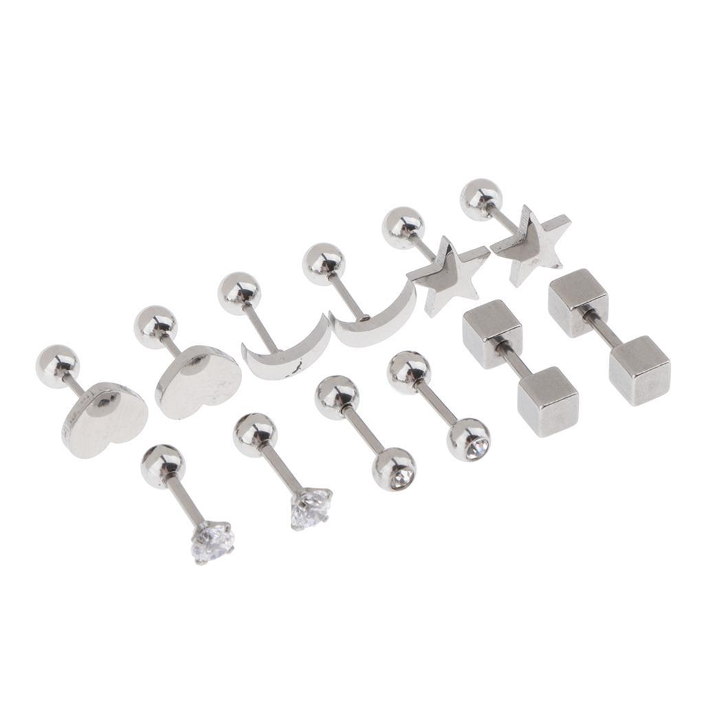 2X 6 Pairs Stainless Steel Ball Screw Back Earrings Star Heart Moon Stud Silver