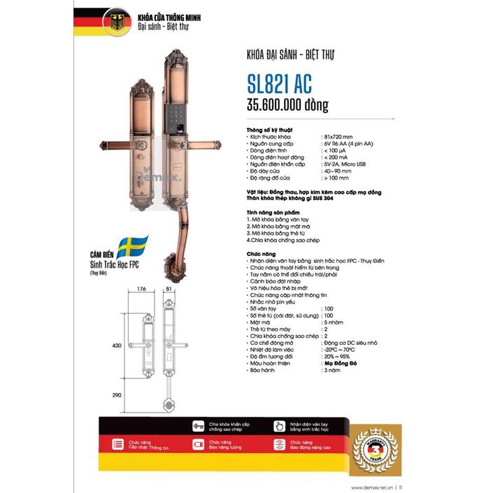 Khóa điện tử biệt thự sinh trắc học vân tay, mật mã, thẻ từ Demax SL821 AC