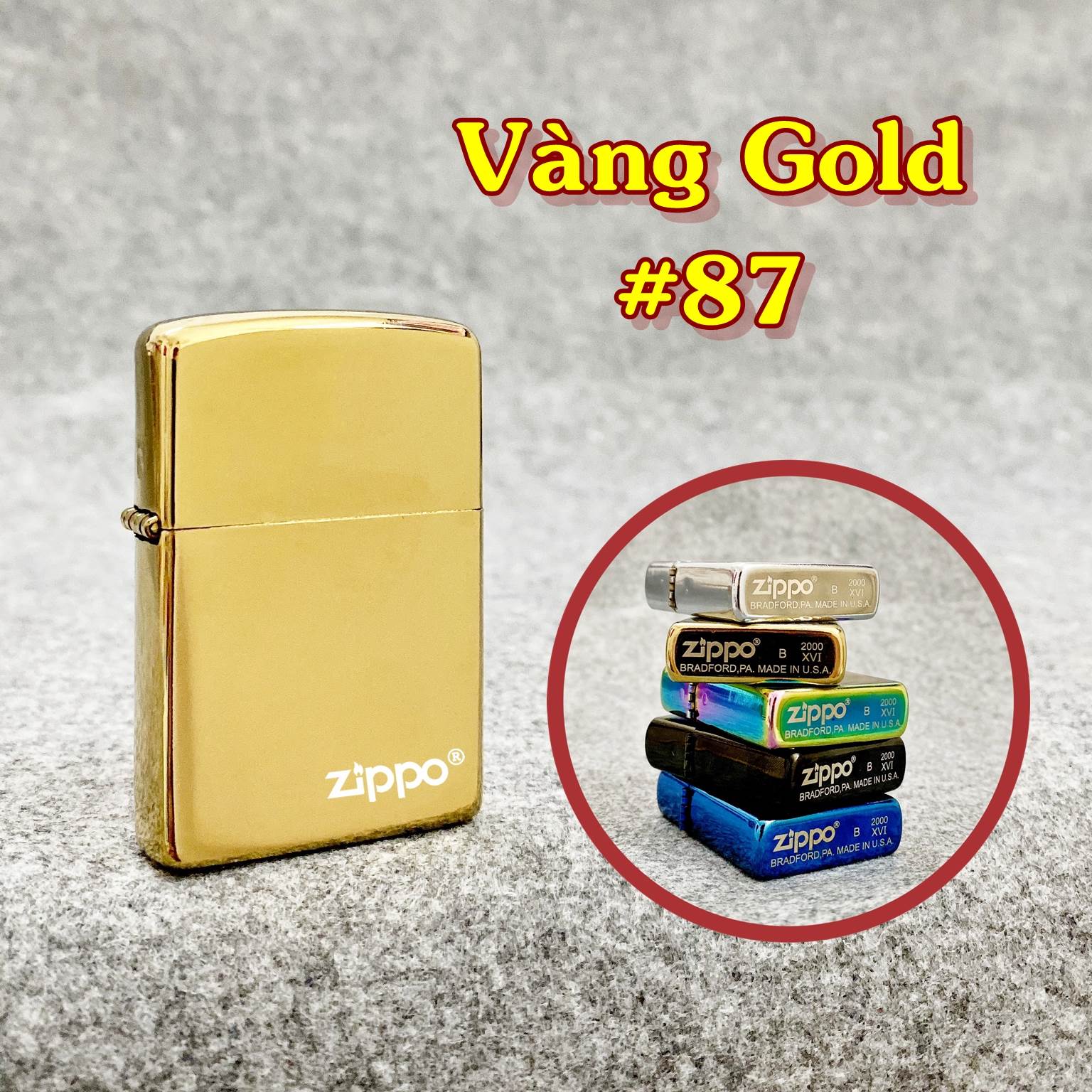 Bật lửa hột quẹt vàng gold trơn bóng có mộc đáy sang trọng