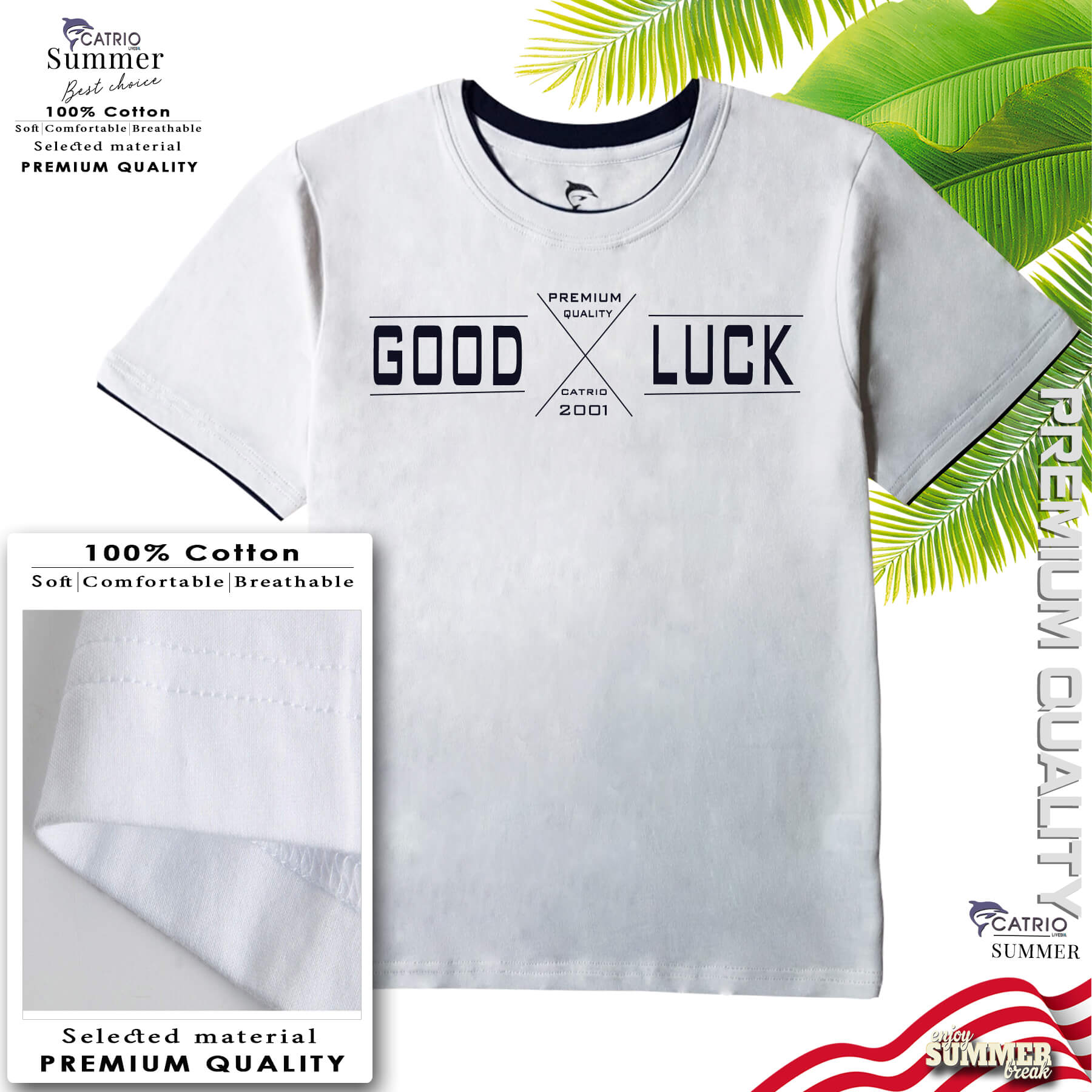 ÁO THUN BÉ TRAI NGẮN TAY CATRIO in GOODLUCK là áo phông trẻ em từ 9T..18tuổi màu trắng