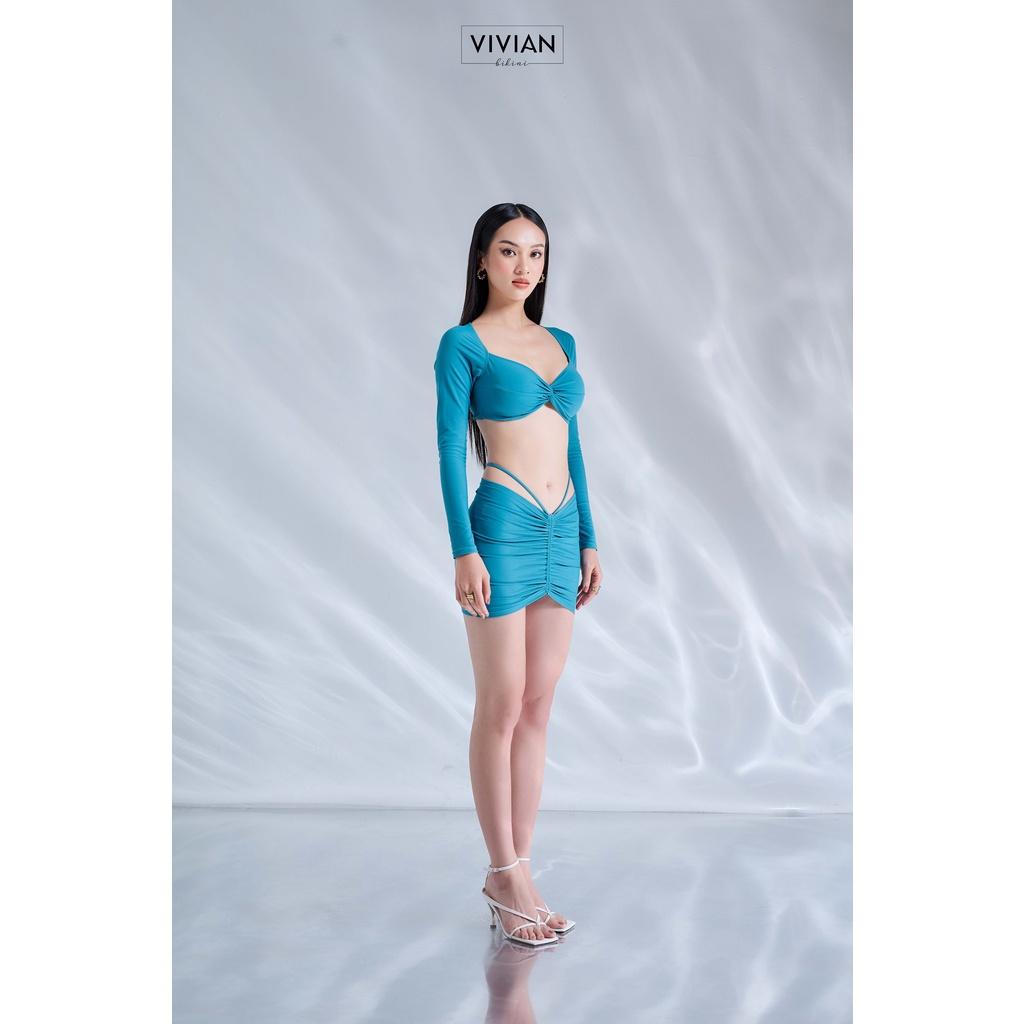 Đồ bơi nữ cao cấp dạng hai mảnh áo gọng tay dài, quần váy nhún phối dây cách điệu - Xanh da trời - VS195_BU