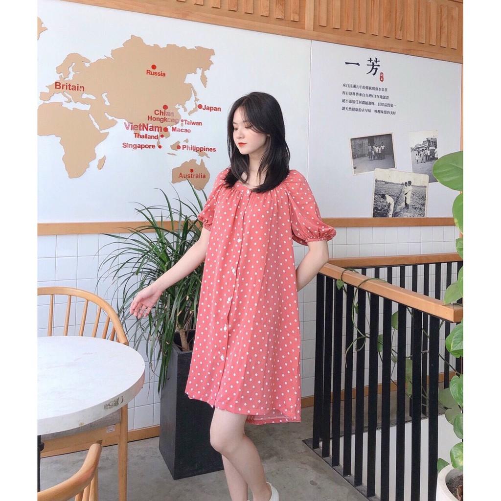 ĐẦM SUÔNG CHẤM BI CỔ VUÔNG CỘT NƠ SAU TAY LỠ PHỒNG DÁNG BABYDOLL-hình thật shop chụp