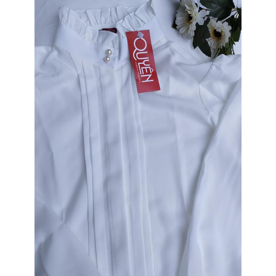Áo Sơ Mi Công Sở Nữ Thời Trang Quyên Fashion, Mẫu Kiểu Cổ Lọ Kẹp Bèo Tay Dài Màu Trắng AA382