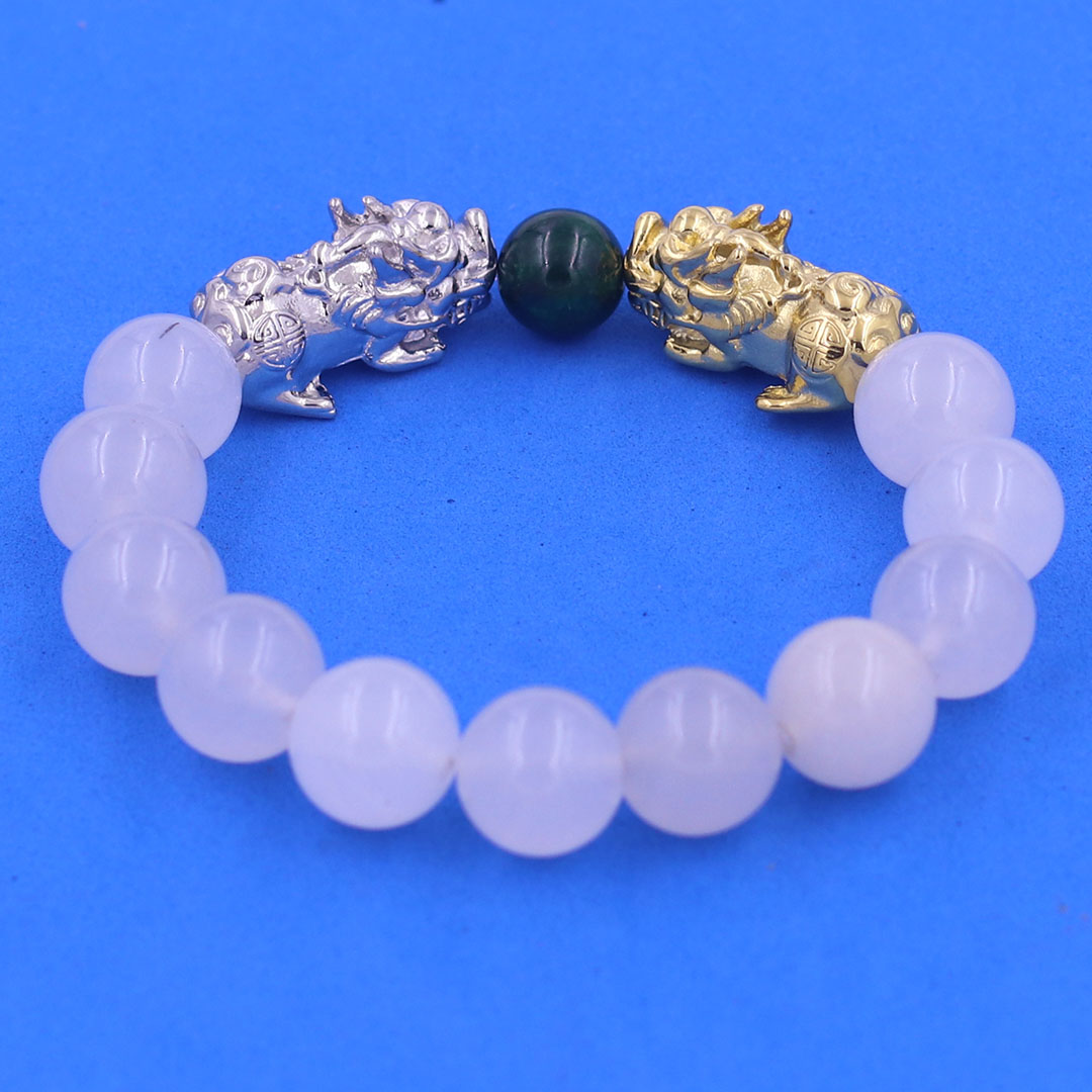 Vòng chuỗi đeo tay đa thạch anh trắng 12 ly charm tỳ hưu đôi inox trắng và vàng, vòng chuỗi phong thủy, charm tỳ hưu, vòng tay hạt chuỗi